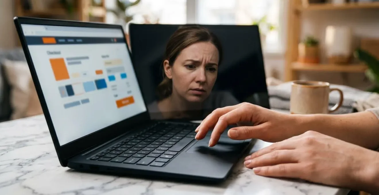 Close-up of hands hesitating over checkout button with security warning reflection