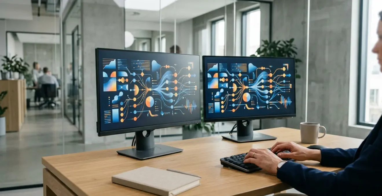 Professional tech workspace showing data integration between sales and finance systems