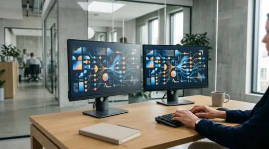 Professional tech workspace showing data integration between sales and finance systems