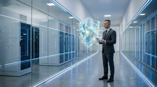Professional security team implementing SSL certificates in a modern data center