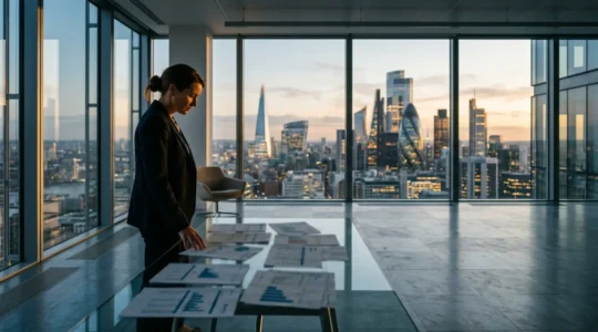 Strategic financial planning scene with business professionals navigating cash flow challenges