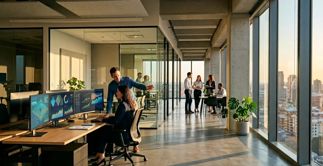 Real-time compliance monitoring dashboard with multiple financial frameworks displayed on modern office screens