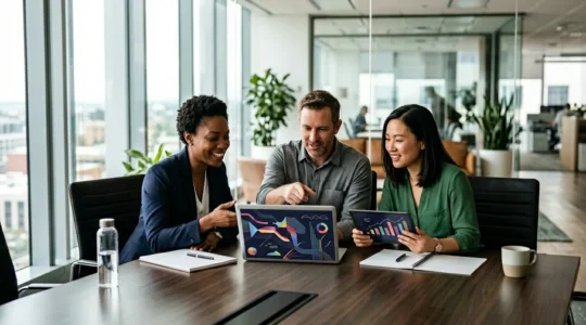 Corporate procurement professionals in modern office analyzing digital invoice systems