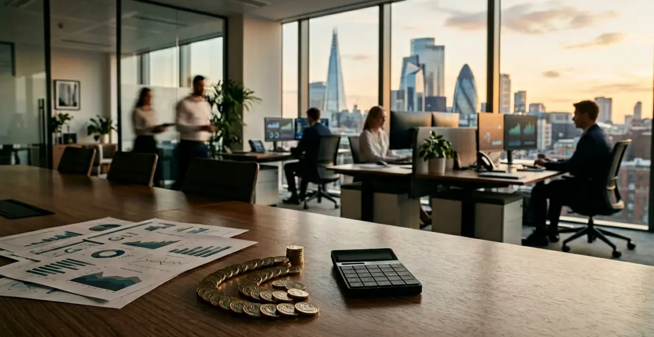 Corporate treasury professionals reviewing financial data on multiple screens in a modern office environment