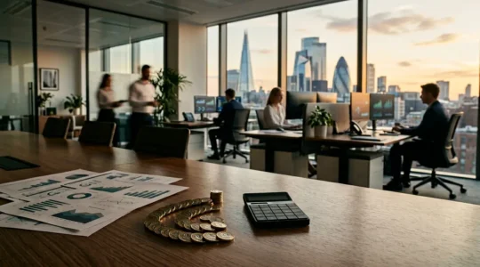 Corporate treasury professionals reviewing financial data on multiple screens in a modern office environment