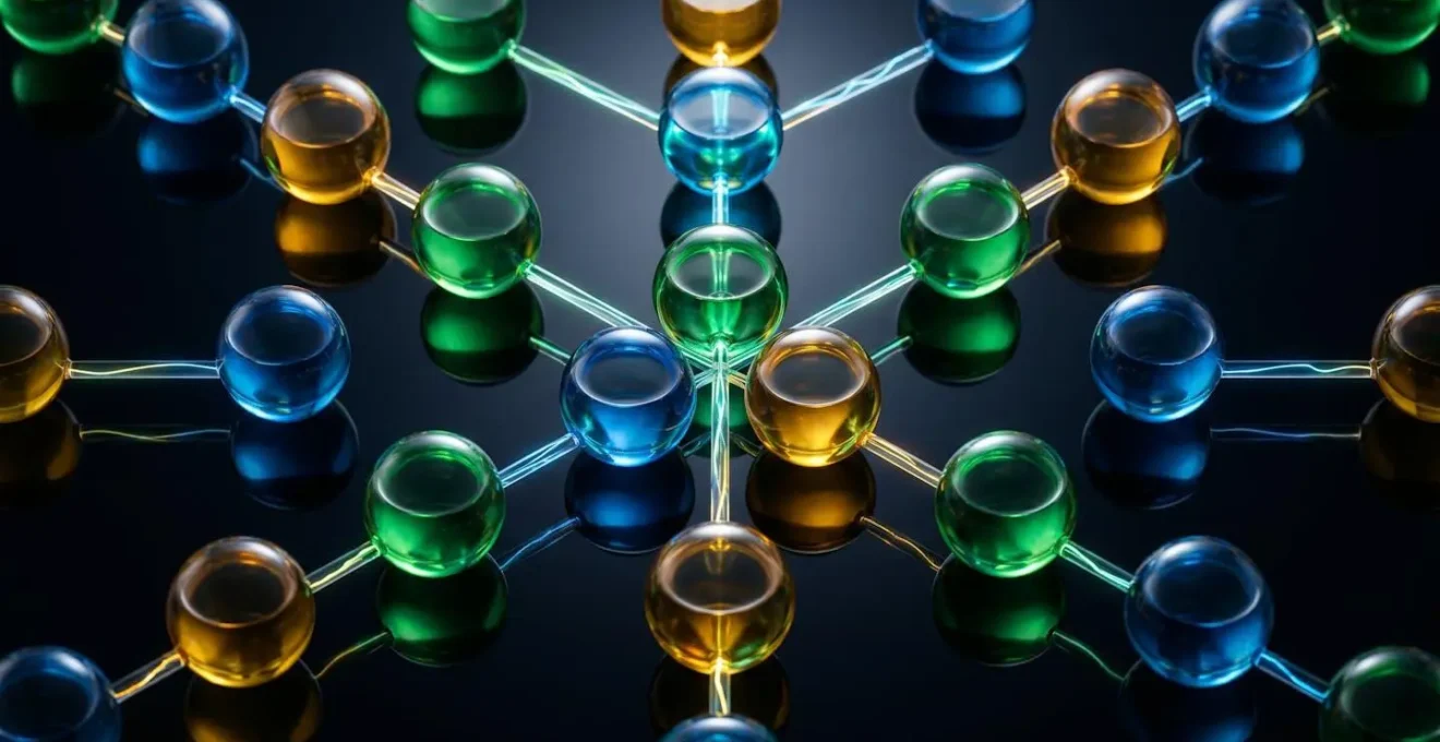 Abstract visualization of data flow between systems with geometric shapes and light trails
