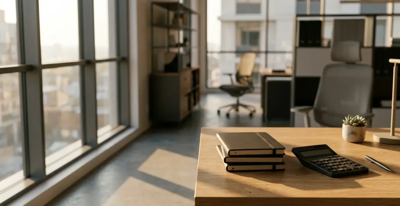 Professional workspace showing organized financial documents and digital tools for business bookkeeping