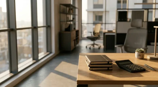 Professional workspace showing organized financial documents and digital tools for business bookkeeping