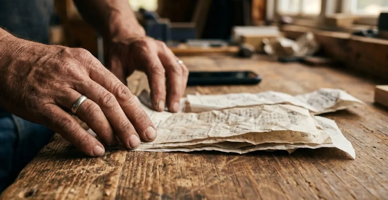 Close-up of hands organizing receipts with scanning app setup in background