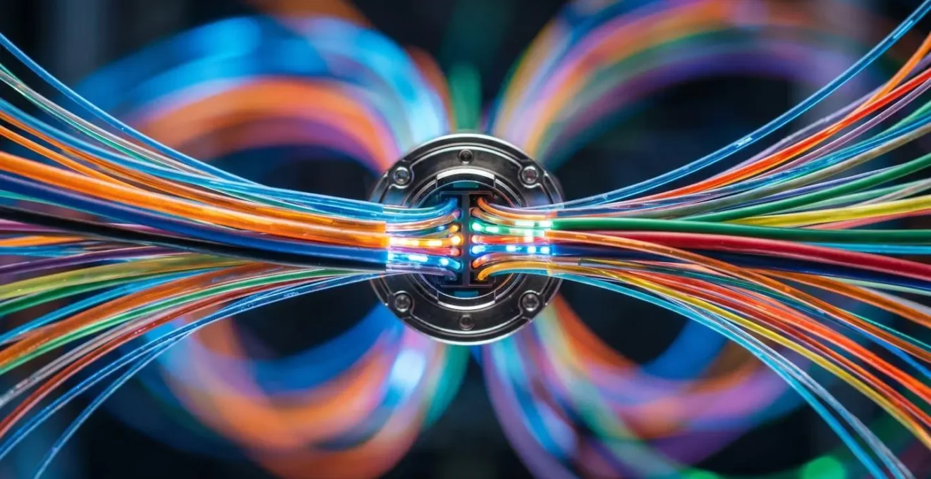 Close-up macro shot of interconnected fiber optic cables showing data flow
