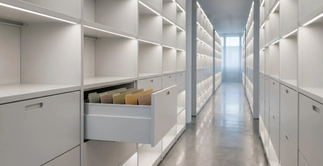 Wide angle view of modern digital archive system represented through minimalist office architecture