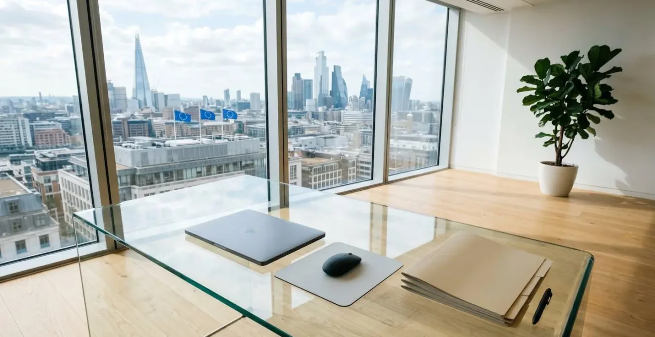 Modern office workspace with international business context