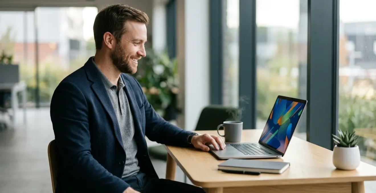 Professional business owner calmly reviewing automated payment notifications on laptop in modern office