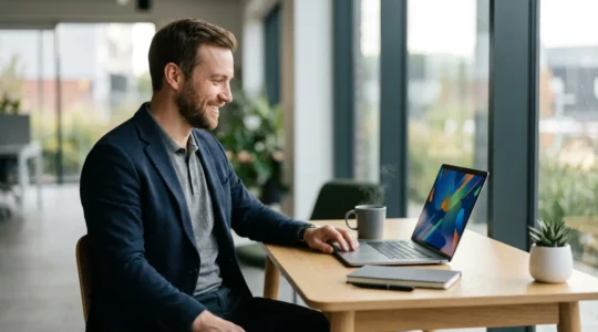 Professional business owner calmly reviewing automated payment notifications on laptop in modern office
