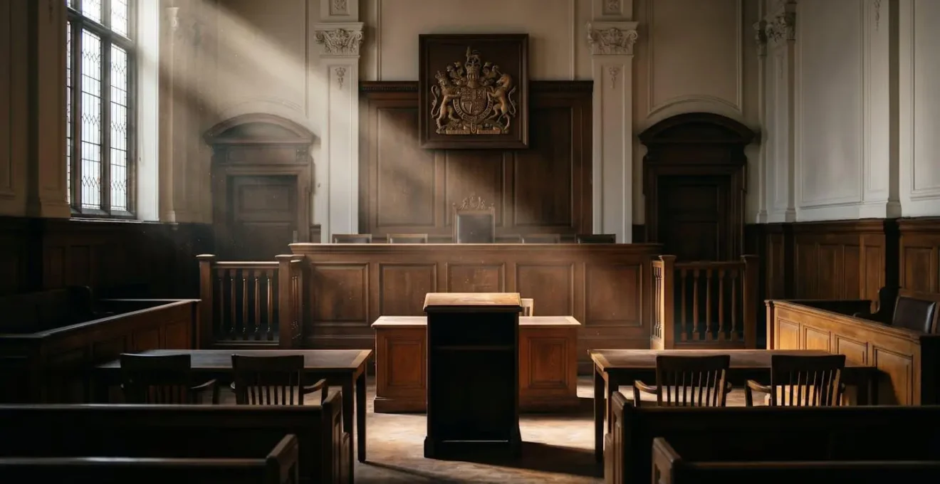 Empty UK small claims courtroom emphasizing the gravity of formal legal proceedings
