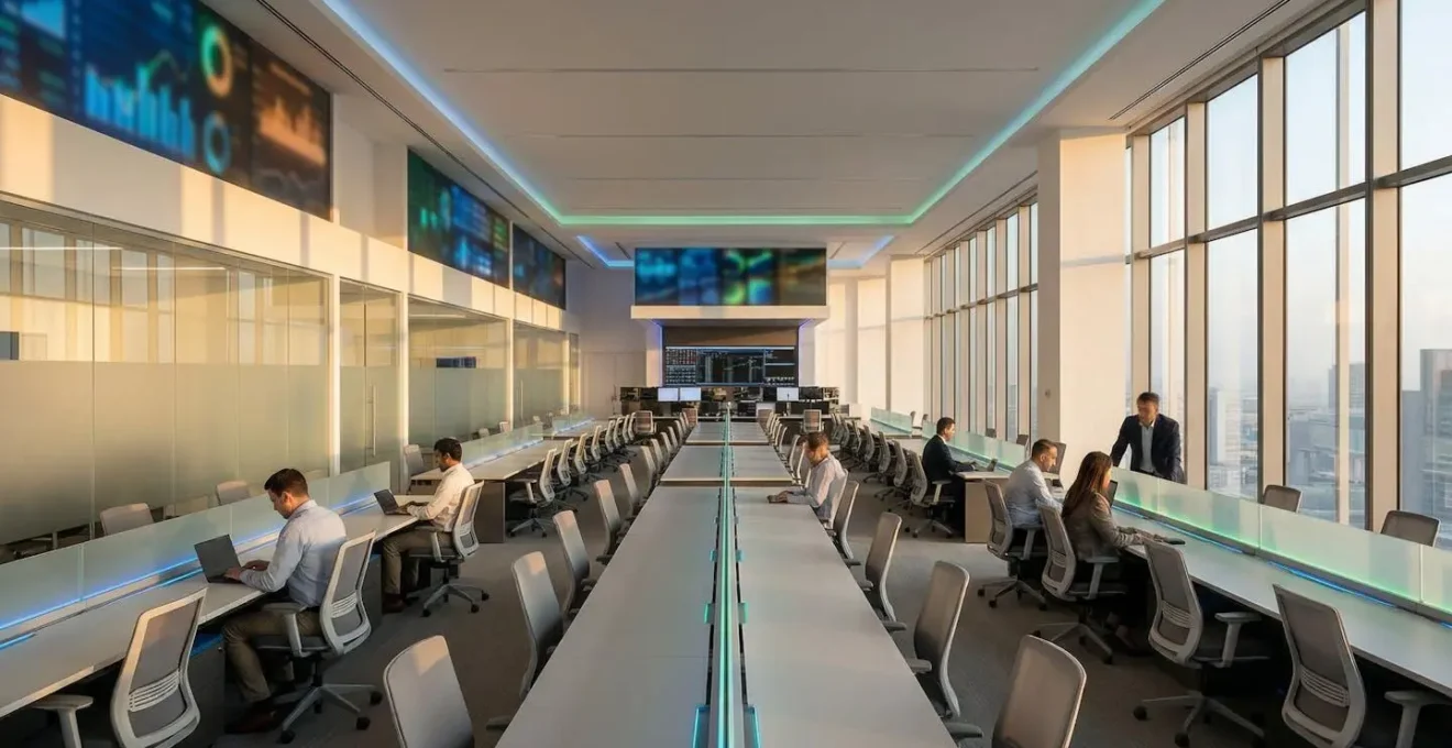 Modern financial office environment showcasing secure audit monitoring systems and digital security infrastructure