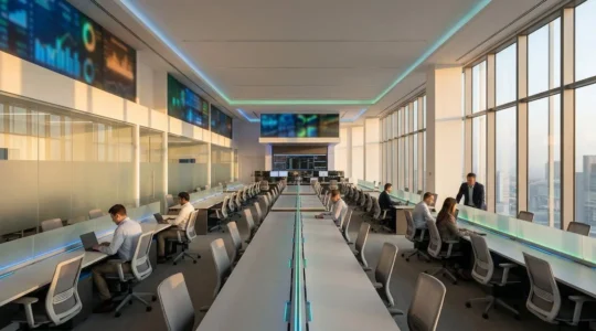 Modern financial office environment showcasing secure audit monitoring systems and digital security infrastructure