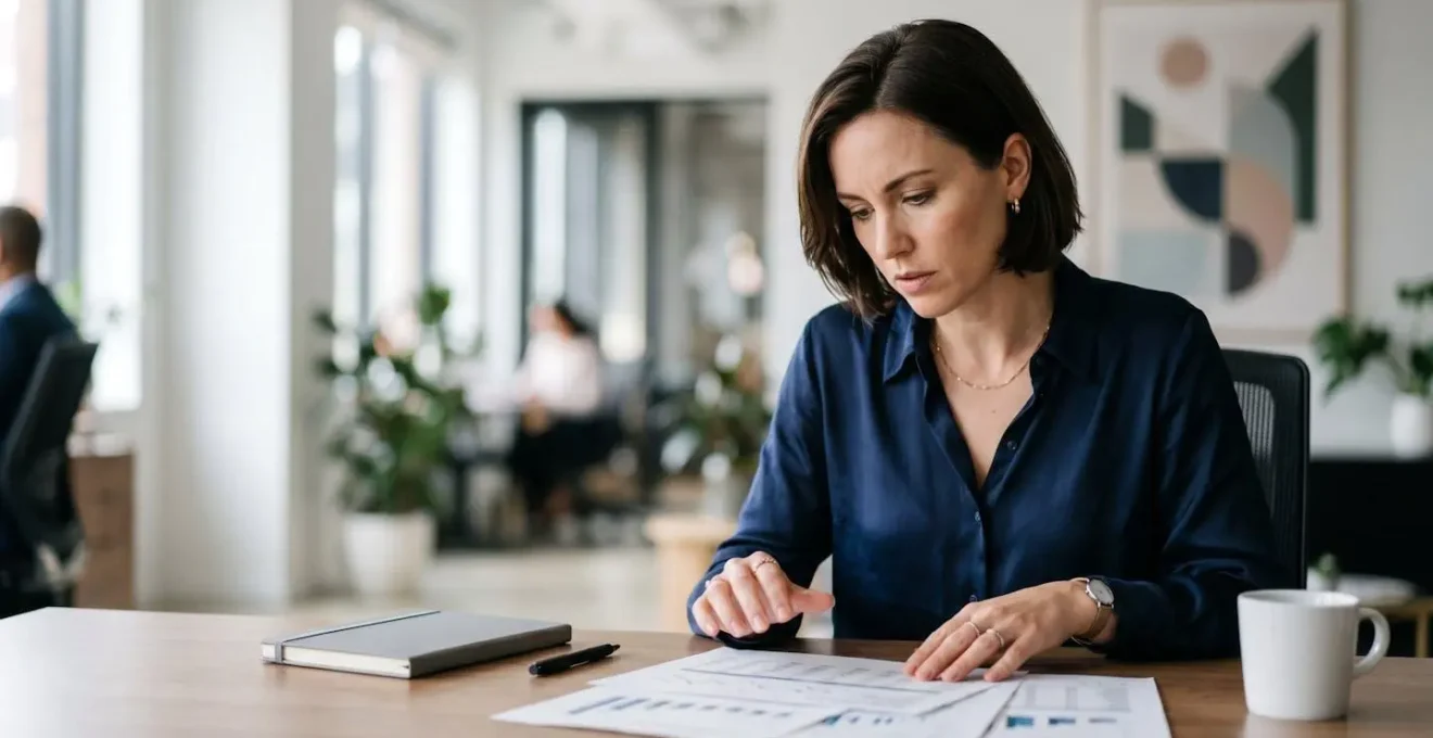 Financial analyst reviewing dashboard metrics in modern office