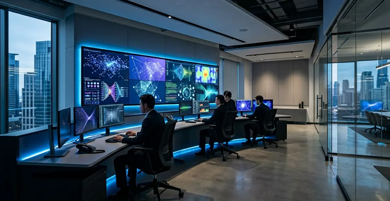 High-tech financial security control room with multiple monitoring screens showing encrypted data patterns