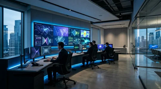 High-tech financial security control room with multiple monitoring screens showing encrypted data patterns