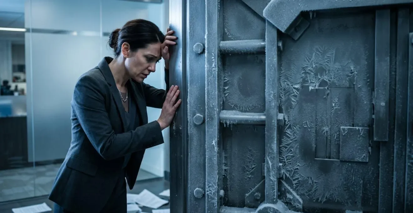 Frozen bank vault door symbolizing inaccessible business funds