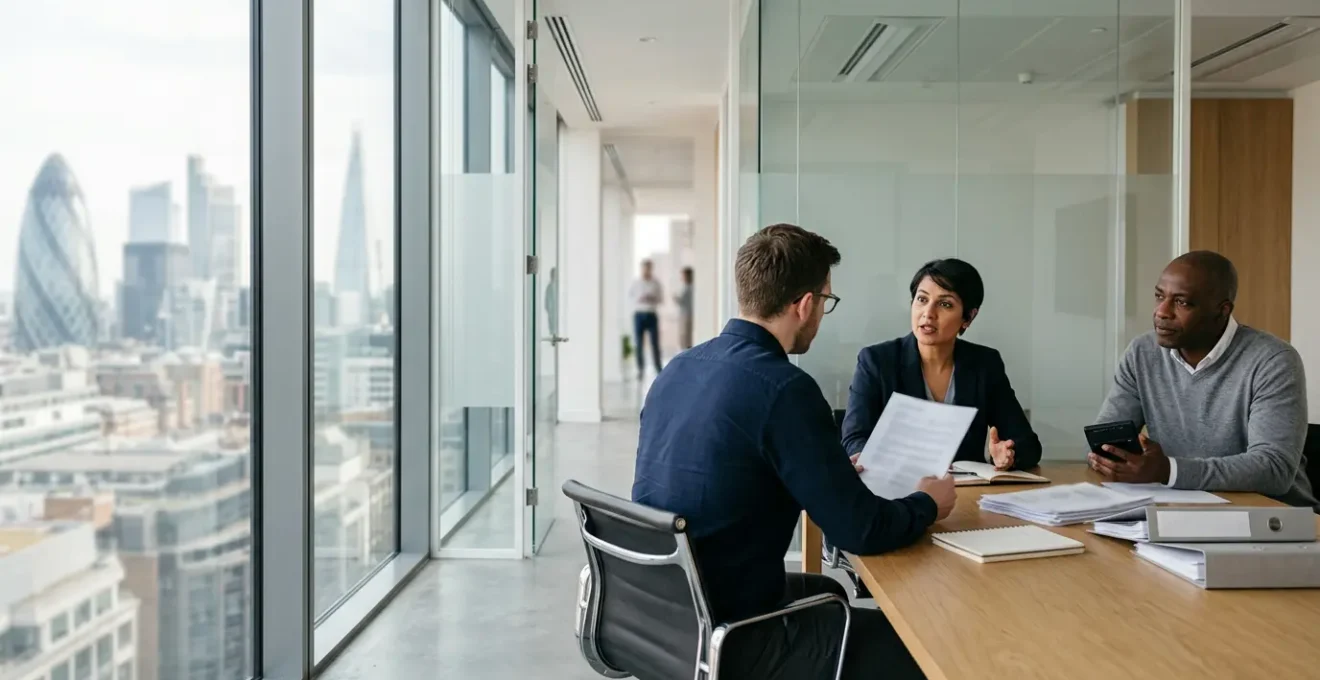 Professional business meeting with tax documents and calculator in modern office setting