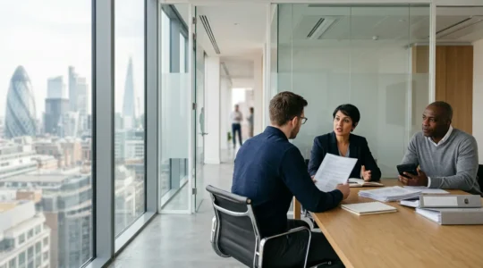 Professional business meeting with tax documents and calculator in modern office setting