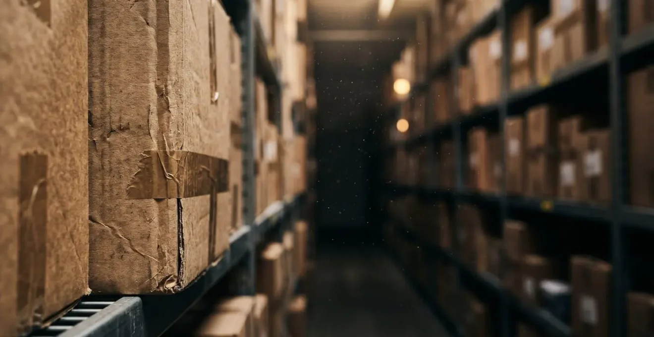 Macro shot of stacked product boxes creating abstract patterns of depth and shadow