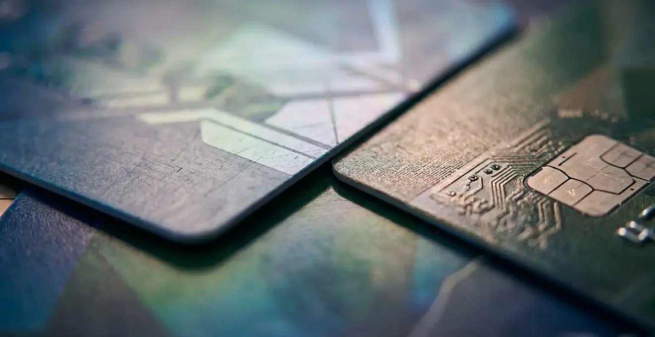 Extreme close-up of overlapping payment cards showing textures