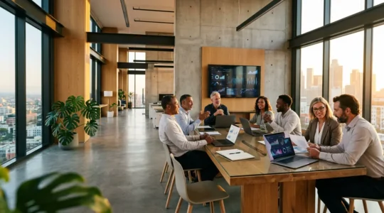 Strategic financial planning meeting in modern startup office space