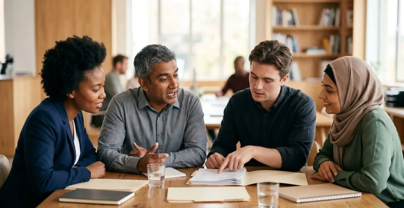 Business team reviewing documents in a conference room during tax preparation