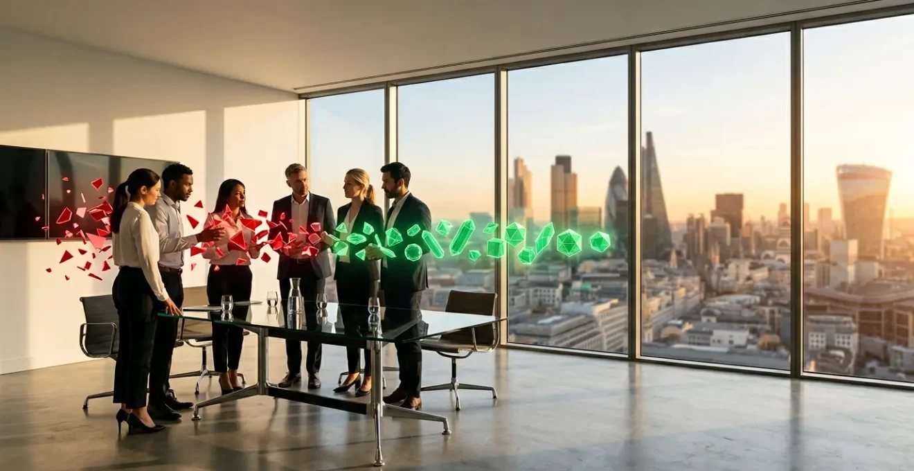 Professional team analyzing financial dashboards showing reduced collection times for UK enterprise clients