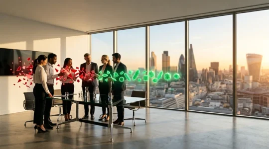 Professional team analyzing financial dashboards showing reduced collection times for UK enterprise clients