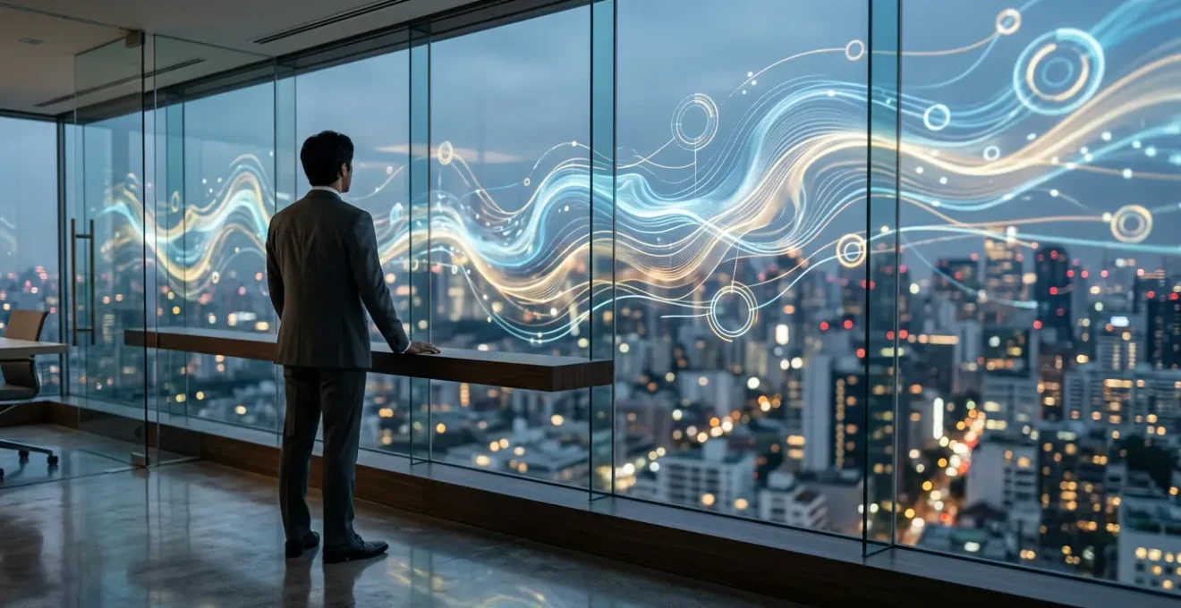 Business executive analyzing cash flow patterns on transparent financial dashboards in modern office