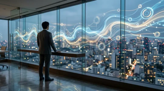 Business executive analyzing cash flow patterns on transparent financial dashboards in modern office