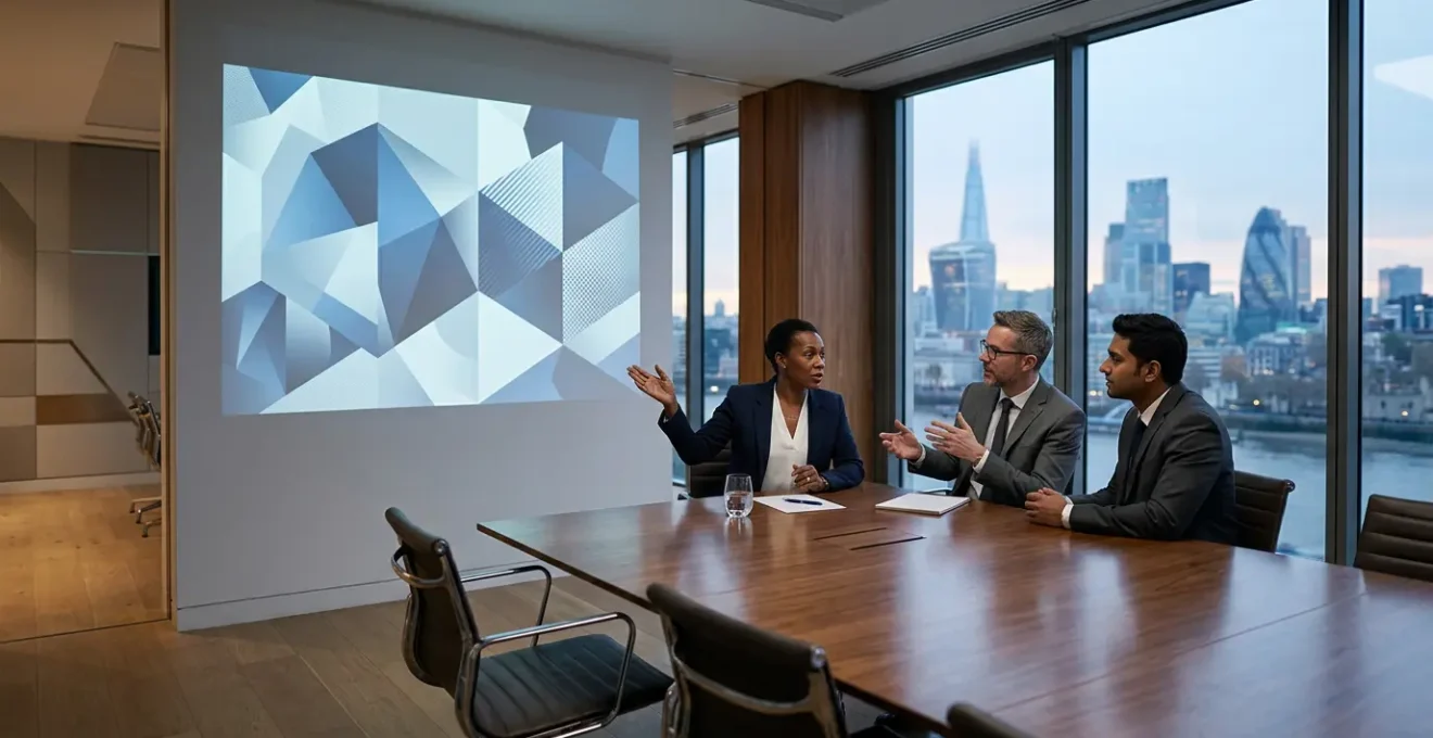 Executive team reviewing integrated business metrics on a digital dashboard in a modern UK corporate boardroom