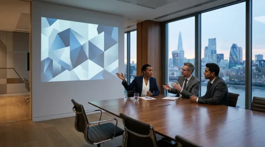 Executive team reviewing integrated business metrics on a digital dashboard in a modern UK corporate boardroom