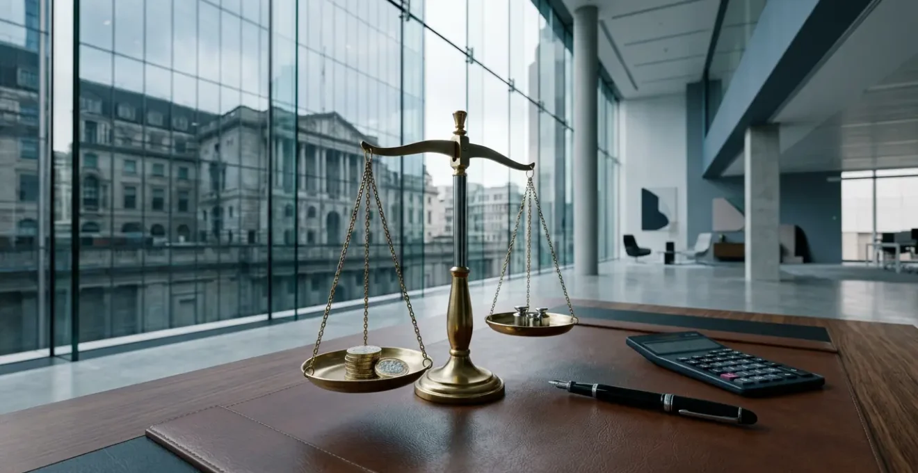 Professional business scene depicting financial balance and statutory payment enforcement in UK corporate setting