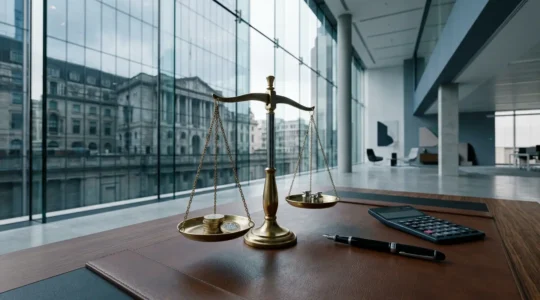 Professional business scene depicting financial balance and statutory payment enforcement in UK corporate setting