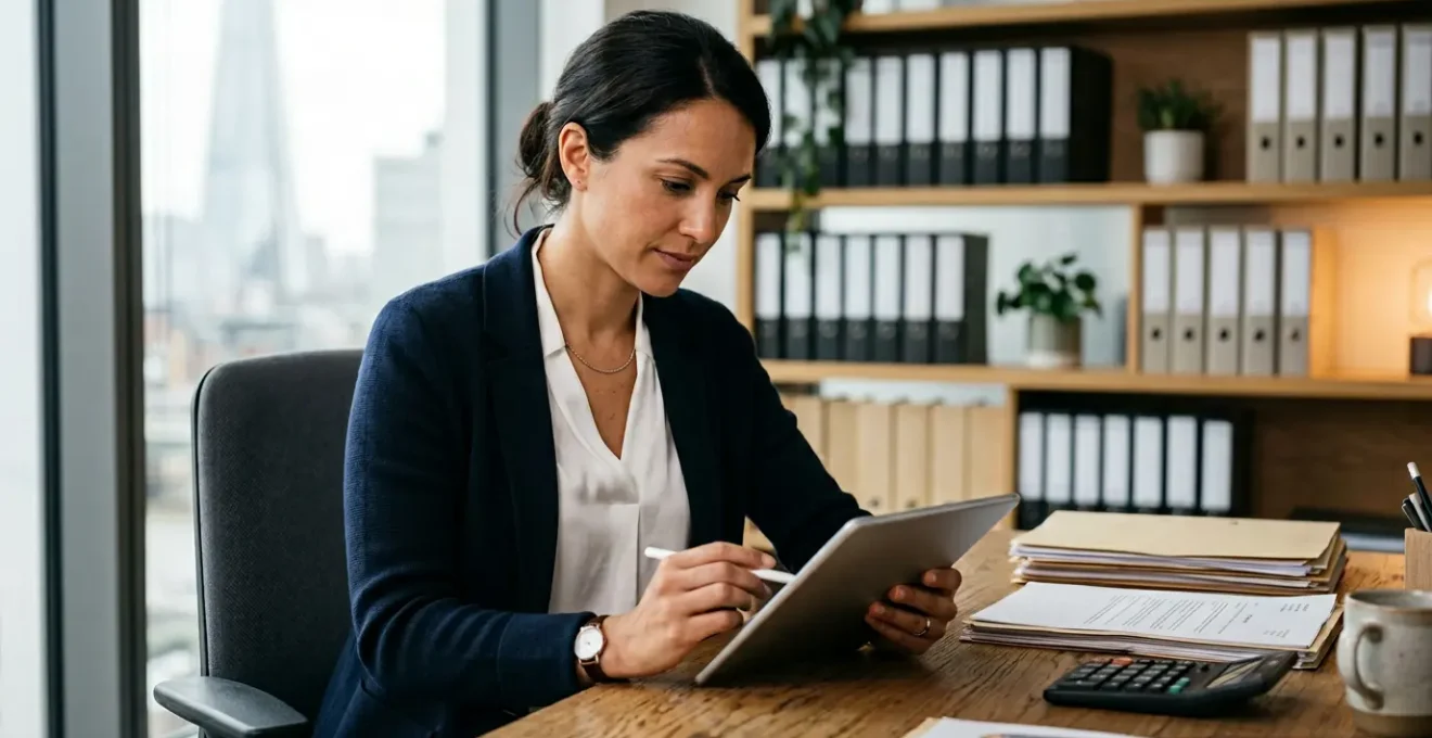 Professional office setting with business documents and calculator on desk