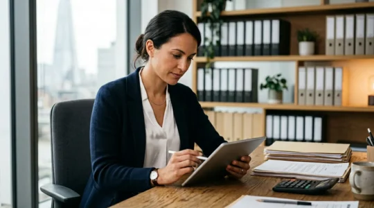 Professional office setting with business documents and calculator on desk