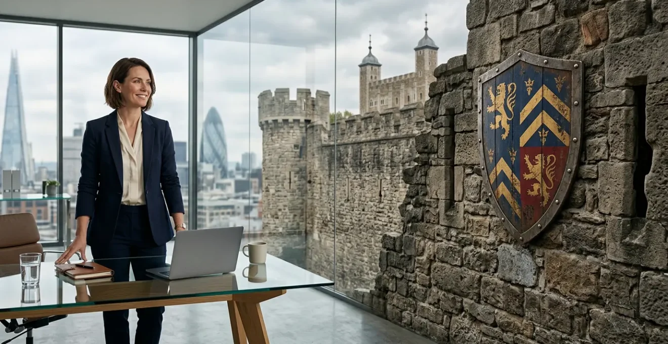 Business owner in UK standing confidently in front of symbolic fortress representing asset protection