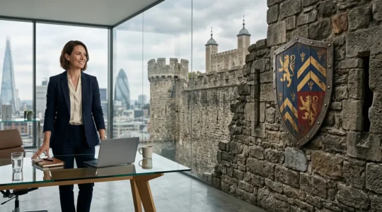 Business owner in UK standing confidently in front of symbolic fortress representing asset protection