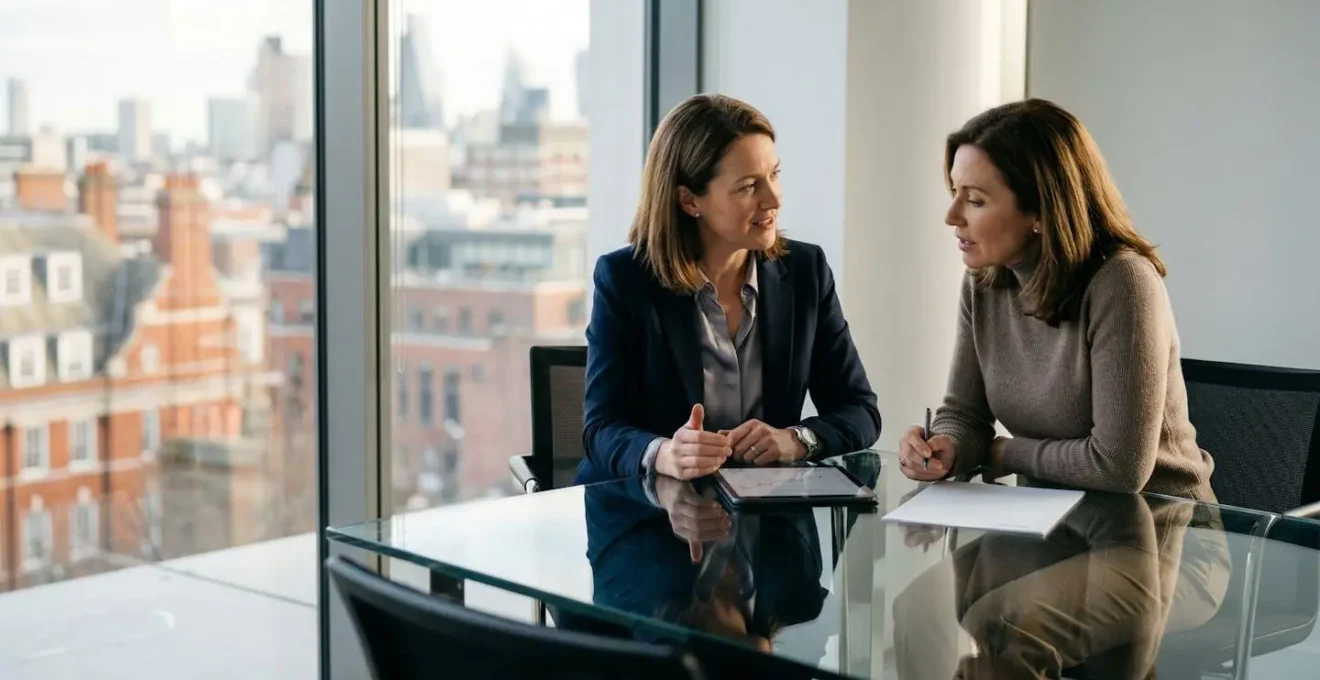 Professional chartered accountant and business owner reviewing strategic growth plans in modern UK office
