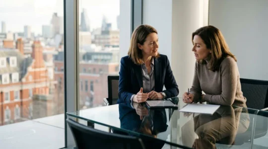Professional chartered accountant and business owner reviewing strategic growth plans in modern UK office