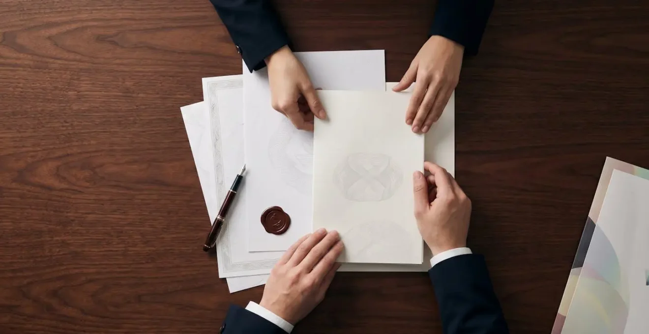 Professional hands arranging official UK company formation documents on mahogany desk
