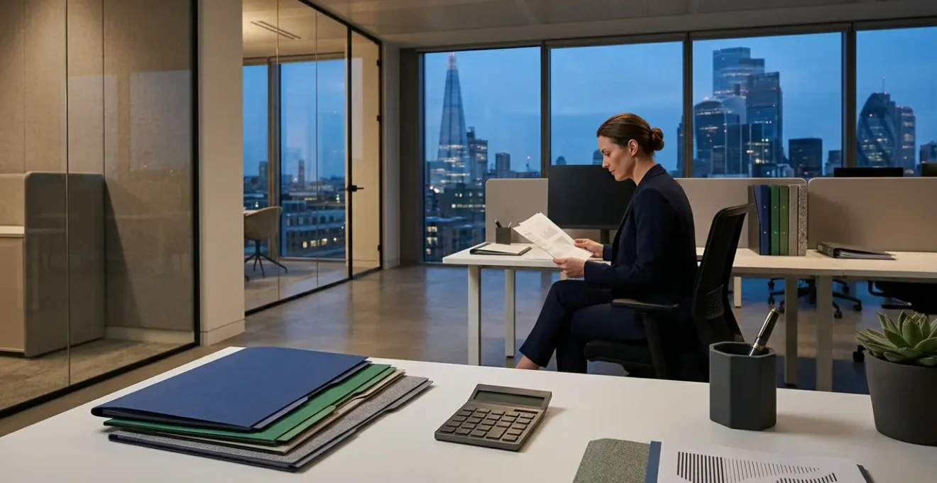 Professional overview of UK company year-end accounting process with financial documents and modern office environment
