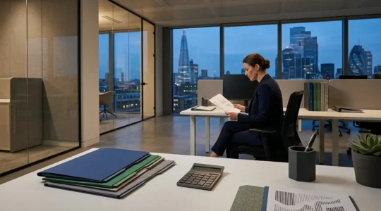 Professional overview of UK company year-end accounting process with financial documents and modern office environment