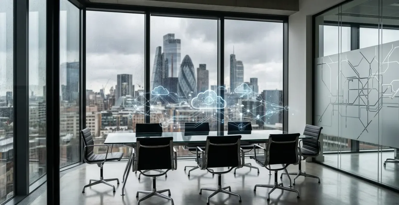 Professional UK business environment showcasing cloud technology integration in modern enterprise setting