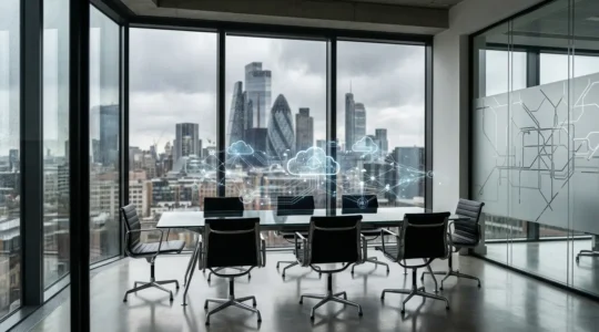 Professional UK business environment showcasing cloud technology integration in modern enterprise setting